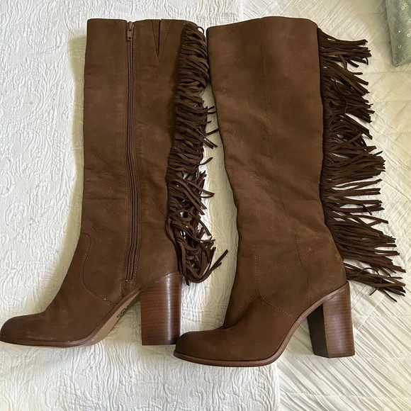 Brown Suede Heeled Boots with Fringe Detail - Picture 2 of 8